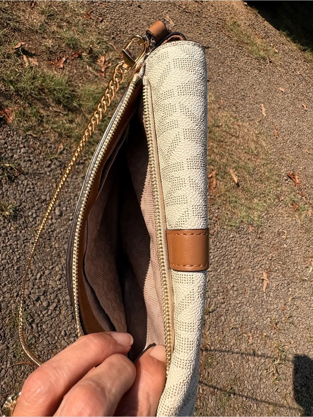Michael Kors Cream Monogram Crossbody with Brown Trim and Gold Chain